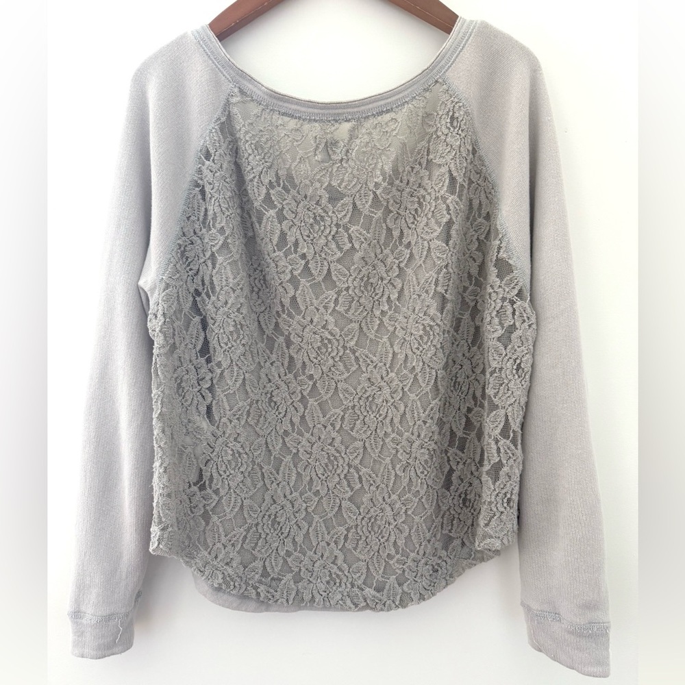 Gilly Hicks Sweater Top Crew Scoop Neck Light Gray Lace  Sweatshirt Size M